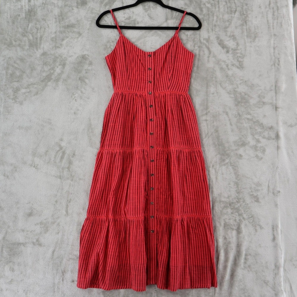 Sundry‎ Red Striped Tiered Midi Dress Womens 0 Button Front Cotton Resort Summer